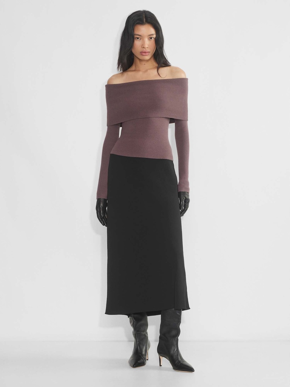 Wilfred Aritzia Nola Off-Shoulder wine mauve Knit Sweater